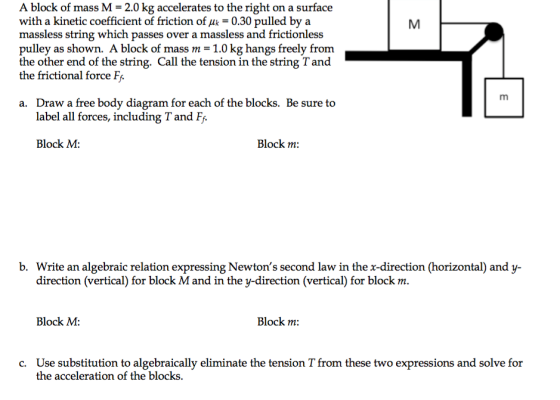 A block of mass M = 2.0 kg accelerates to the righ