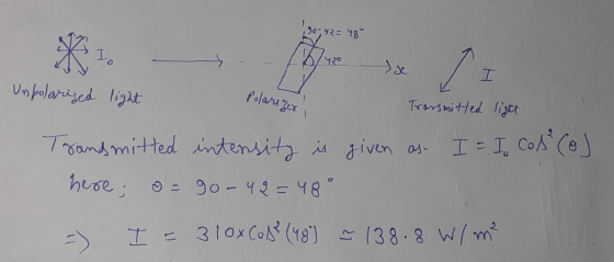 १०-५२: ५१ Io 430 ex Az Unpolarized light Polarizer Transmitted light 1 Transmitted intensity is given as- I = I Cos² Col here