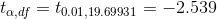 t_{\alpha,df } = t_{0.01,19.69931} =-2.539