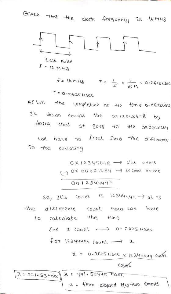 Given that the clock frequency is 16MHZ 1 ck pulse f = 16 MHZ f = 16MHZ Т. i I f. 11 0.0625 usec 16 M T=0.0625 lisec the the