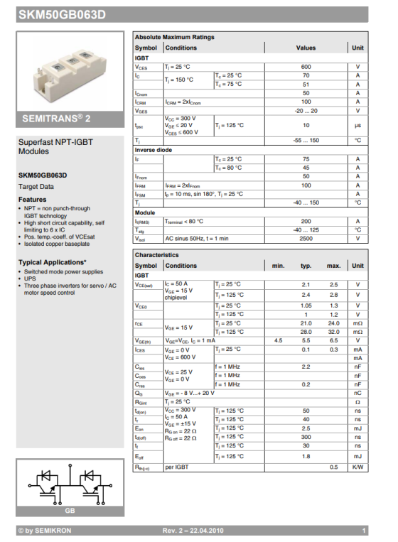 SKM50GB063D Values Unit Absolute Maximum Ratings Symbol Conditions IGBT VCES T = 25°C Ic To = 25 °C T = 150°C To = 75 °C Cnom