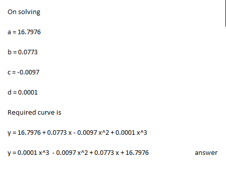 On solving a = 16.7976 b = 0.0773 C=-0.0097 d = 0.0001 Required curve is y = 16.7976 +0.0773 x -0.0097 x^2 +0.0001 x^3 y = 0.