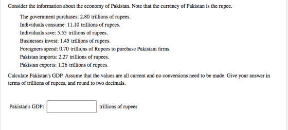 Consider the information about the economy of Pakistan. Note that the currency of Pakistan is the rupee. The government purch