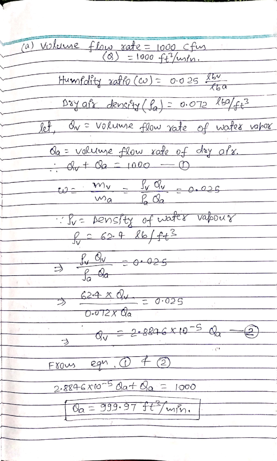 Tal volume flow rate = 1000 cfus (0) = 1000 ft/usin. Humidity ratio (CO) = 0.025 Bayafx density (Sa) = 0.072 850/ft3 let, Qv