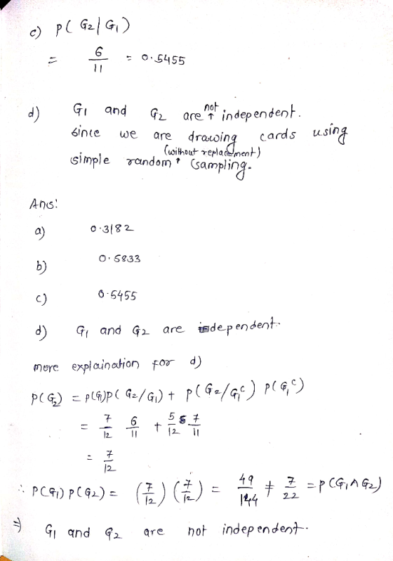 c) P GG O5455 not GI and independent are T cards using 6inte we draoing are (oithout replament simple rndem (sampling. Ans O