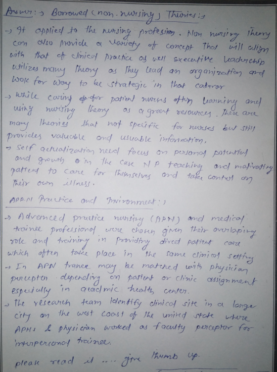 1. Answer:- Borrowed (non-nursing, Theories in It applied to the nursing profession. Hon nursing Theory com also provide a va