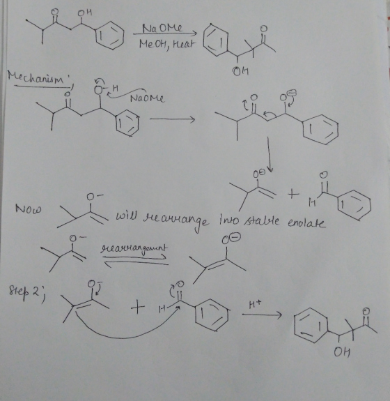 Na OMe MeOH, Heat Mechanism O4 Naome 00 NOw wil earrange into stalle enolate gearrangenant Step 2) + H+ OH