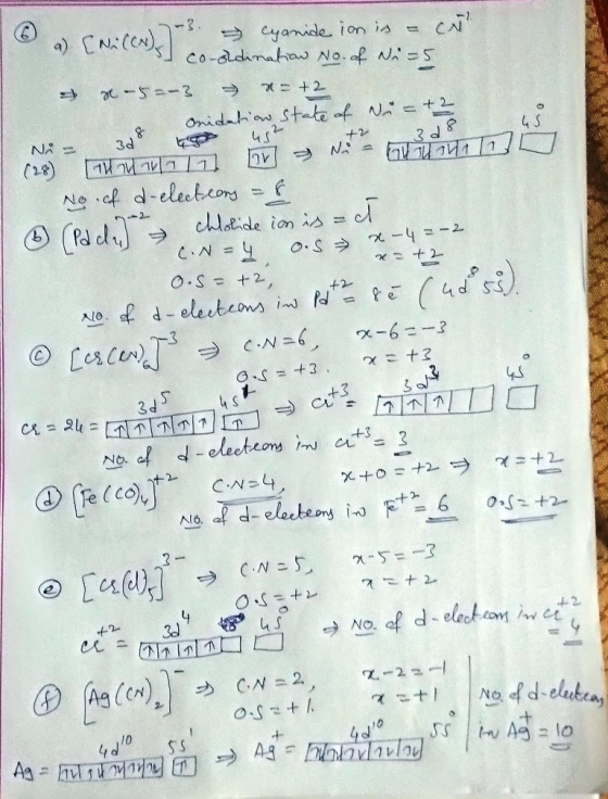 Cte Cyanide ion is co-ddimaha No.af NAS C +2 Onidahw Stat f N ६ 2 NA 4 5 +2 3 & (18) No .af d-electcons chlaide ion s = 4 -2