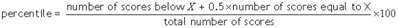percentile = number of scores below X + 0.5xnumber of scores equal to X 4x100 total number of scores
