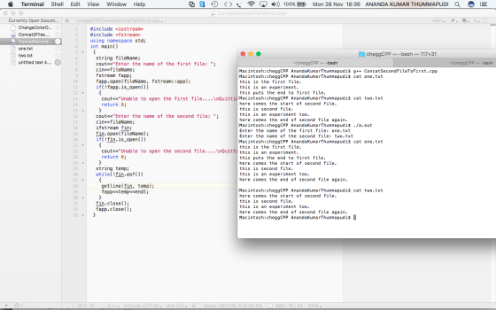 《 Terminal Shell Edit View Window Help O < > 4)) 100% (ED Mon 28 Nov 18:36 ANANDA KUMAR THUMMAPUDI a : ConcatSecondFileToFin