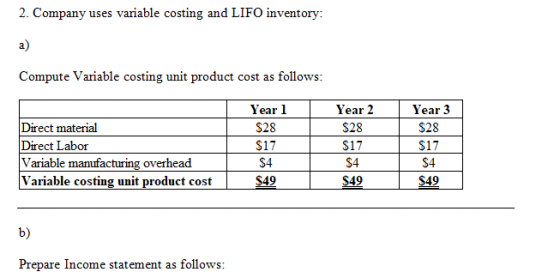 2. Company uses variable costing and LIFO inventory: a) Compute Variable costing unit product cost as follows: Year 2 Year 1