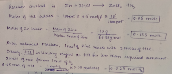2ncl, t Zn +2Hu es Reacthion invelbet temt x e-5 molly x 0.05 mole Moler He adoled Man 2ine Moles 2n taken to q 65-38 g Imel