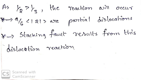 As Y >%, the reaction will occur *- % elals are partial dislocations *-> Stacking fault results from this dislocation reactio
