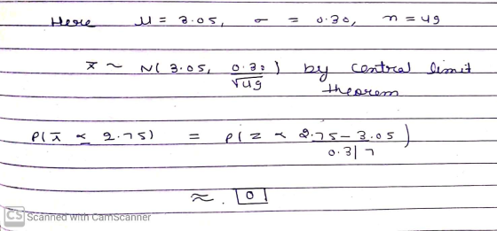 Herre M = 3.05 = 0.30 n = 49 Ni 3.os, 0 3 2 vug by central central limit theorem Pla 2:75) = piz 2.75-3.05 0:31 7 rs jo CS Sc