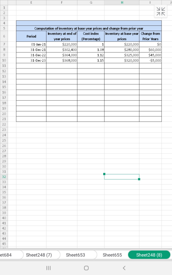 Computation of inventory at base year prices and change from prior year Inventory at end of Cost index Inventory at base year