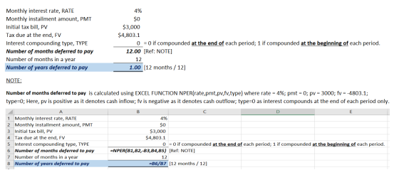 4% Monthly interest rate, RATE Monthly installment amount, PMT Initial tax bill, PV Tax due at the end, FV Interest compoundi