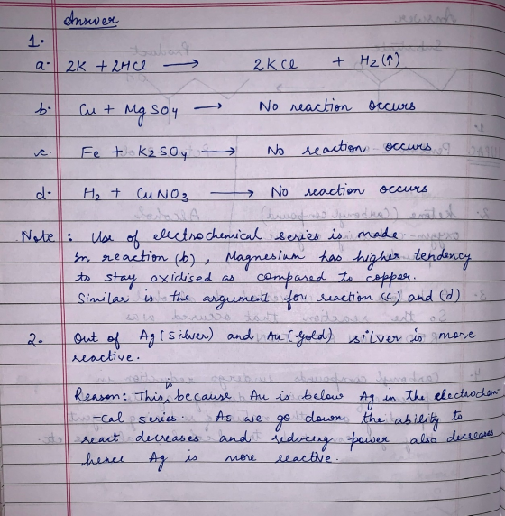 answer 1 a 2k + 2HCl - + H₂ (1) 2k ce Cu + Mg soy No reaction occurs fe to kasoy No reaction - occurs d. H₂ + CUNO₃ No reacti