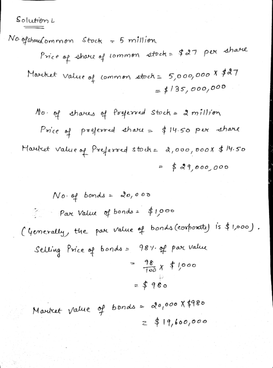 Solution L No. of sharedommon Stock z 5 million Price of share of common stock = $27 per share Market value of common stock =