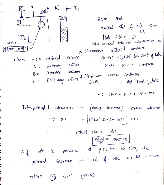 - 0.2 er pipo:11 Alele Given that Nominal size of hole = 60mm Hole size = Go Total positional tolerance allowed = oui mm * Ma
