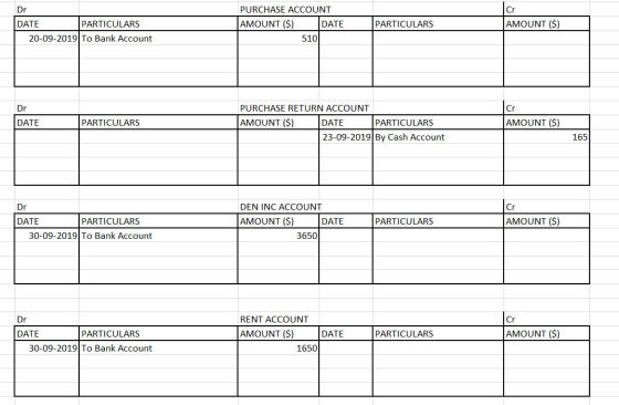 Dr PURCHASE ACCOUNT Cr AMOUNT ($) AMOUNT ($) DATE DATE PARTICULARS PARTICULARS 20-09-2019 To Bank Account 510 Dr PURCHASE RET