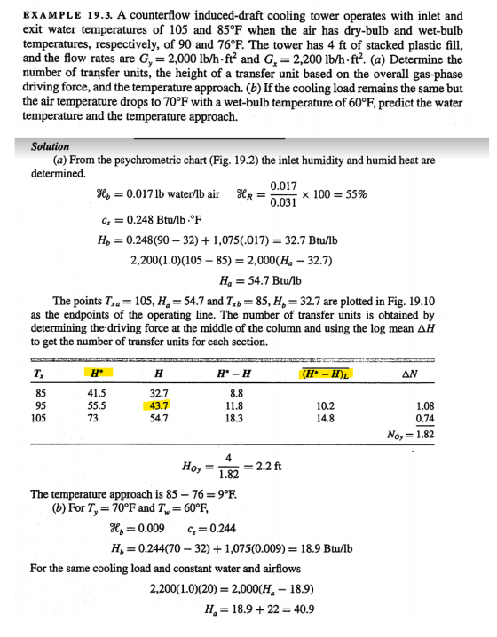 EXAMPLE 19.3. A counterflow induced-draft cooling tower operates with inlet and exit water temperatures of 105 and 85°F when