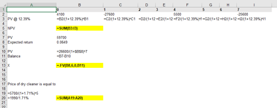 4100 27600 -c2/1 +12.39%)C1 5500 25600 3 IPV @ 12.39% -62/(1 +12.39%)ABI SUM(B3:13) 59700 =D2/1 +12-E2/1 +12-F2/1 +12.39%rFs