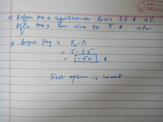 Date Page Before Alla tex tax Equilibrium Rice risco Price = to 5 3.5 $ $ p, - P2 Buyers pay = = = P2-pi 5-3.5 11.50 $ first