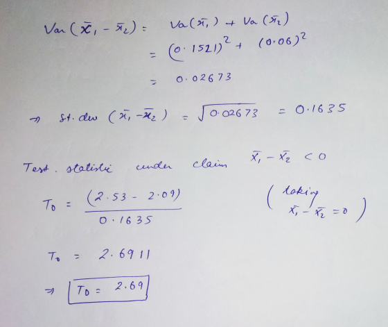 Var (x - 5): Va(, ) + Va (5) (0.06)? 2 + (0.1521) O 026 73 0.1635 st. du (na) - J0:02673 X, - Y, CO Test statistic unden clai