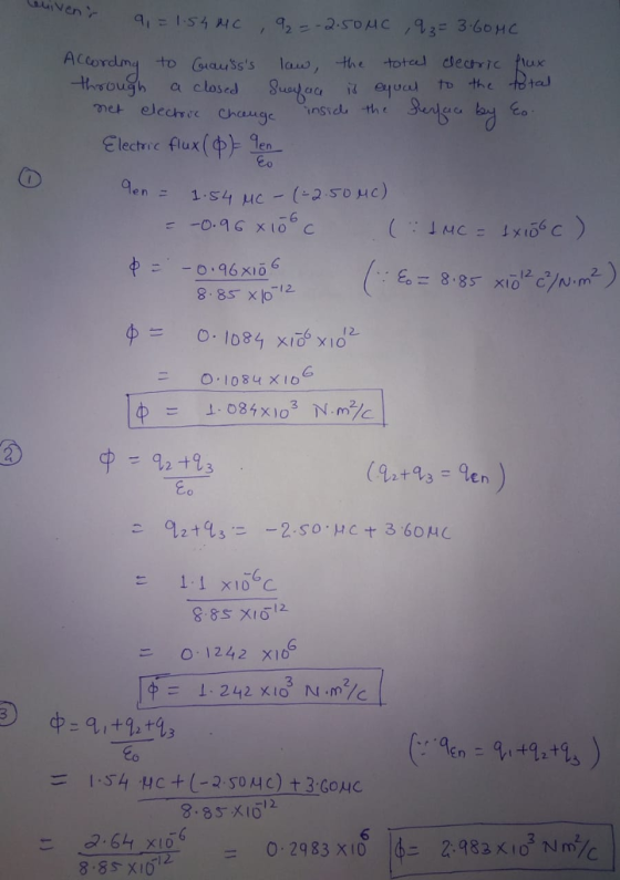 ACcordmy to Cuauss lauw, the totel dectric x thsough a closed ui qoc to the 1te auge insie the Co Electric flux(中)-gen- 6 6 go= 8.85 x1-12 c /N.m2. 8.85 xlo 12 ニ O-1084x10 Eo こ °12+43,--2-So.HC+ 3.6 O μ С 6 3 2 l-S4、HC+(-2.50시 C) +3.CoAC 5 x16 = 0.2983 X10|申ニ2-982x103 NmVz 8.85X16
