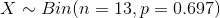 X \sim Bin(n = 13, p = 0.697)