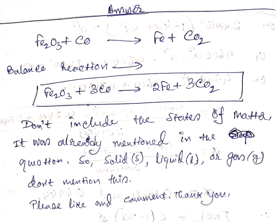 Answer fez Ozf co for Co. Balance hemetton 23. jodo I Fesos +370 27+ 3CO, » Dont include the Speaters of matter It was alrea