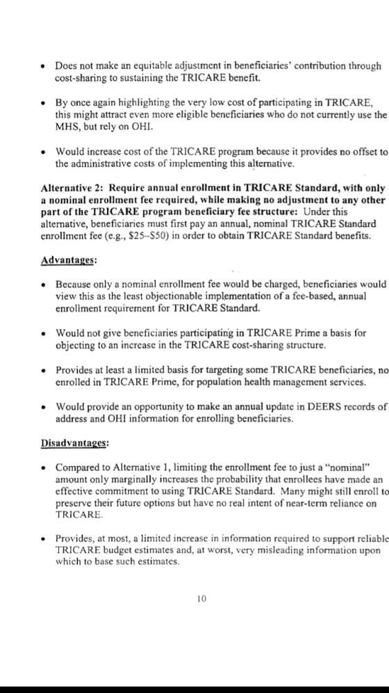 Does not make an equitable adjustment in beneficiaries contribution through cost-sharing to sustaining the TRICARE benefit.