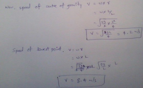 Now, speed of centre of gravity v = wxr = ا المه - Jos y Tv - Jag = 4.2 m/s Speed of lowest point vewr = Bul Soo x L Iraq.4 m