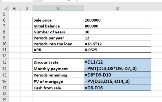 A B 1000000 800000 Sale price Initial balance Number of years Periods per year Periods into the loan 2 30 12 =18.5*12 0.0525