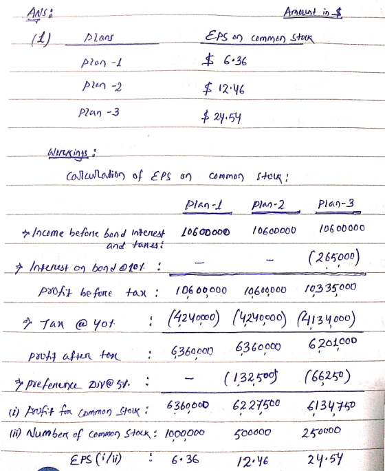 AWSA (2) Plans plans Aboutin EPS on common stock $ 6436 $ 12:46 prand plan 2 Plan -3 $24.54 Wilkins calculation of EPS on com