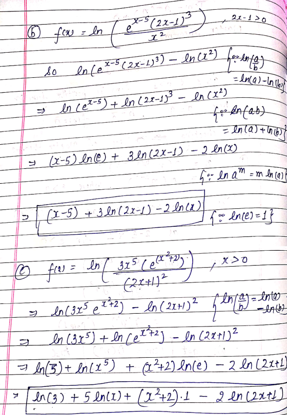 6 21-100 fou = ln ets (2x-1) x2 so en (ex-5 ( 2x - 2) 3) - ln (1²) for Antar . = ln(a)-in (byt en cet-s) + ln (28-13 - en (x²