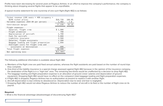 Profits have been decreasing for several years at Pegasus Airlines. In an effort to improve the companys performance, the co