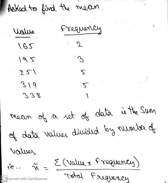Asked to find the mean. value frequency 165 2 195 251 со и — 319 338 mean of a set of data ù the sum of data values divided b
