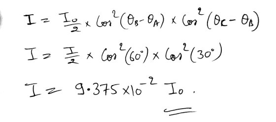 2 Iz Io Io x los? (OB-OA) x Cox (Or- Op) Iz 7 / 2 x Cose (60) x los? (300) -2 Iz 9.375x10 Io,