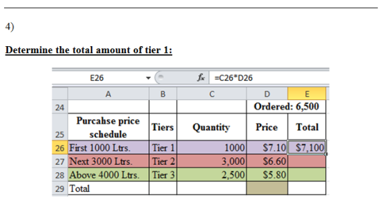 4) Determine the total amount of tier 1 fC26 D26 E26 B c D A Ordered: 6,500 24 Purcahse price Tiers Quantity Price Total sche