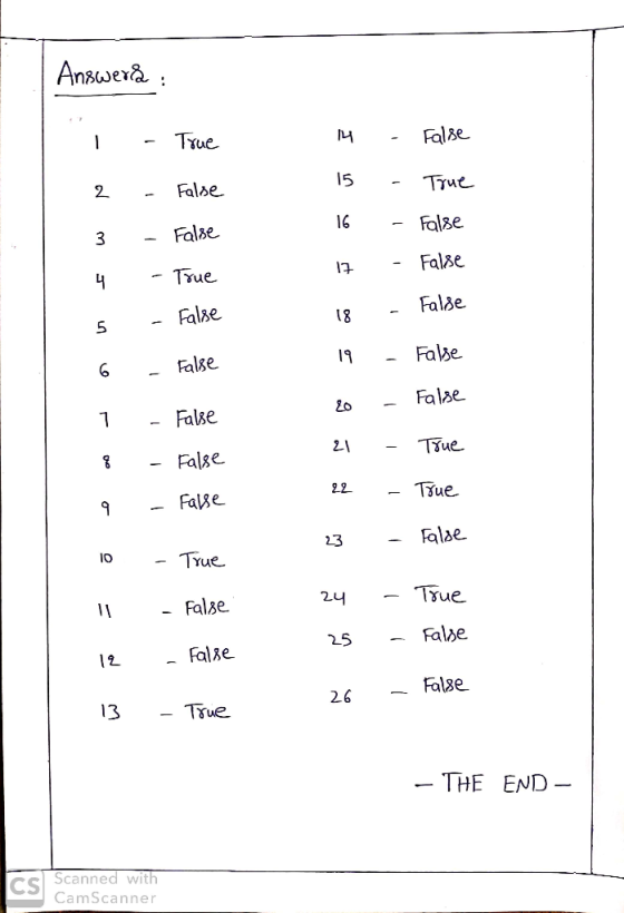 Answerd : - True 14 - False False False True False False True False - False - False - False 20 - False False True False False