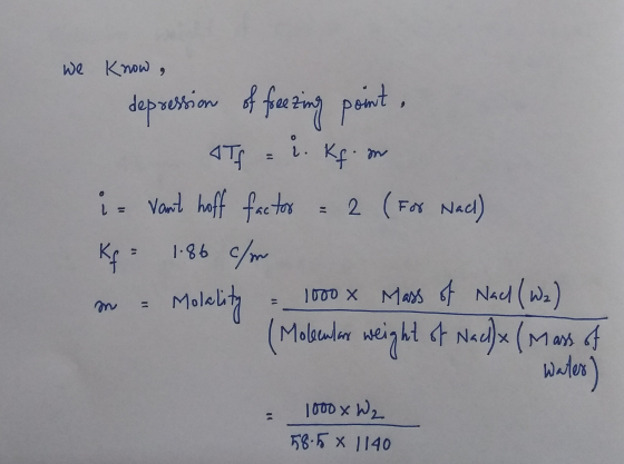 we know, depression of freezing point, Tf = i. Kfm i vont hoff factor = 2 (For Nact) Kg = 1.86c/m m = Molality = 1000 x Mass