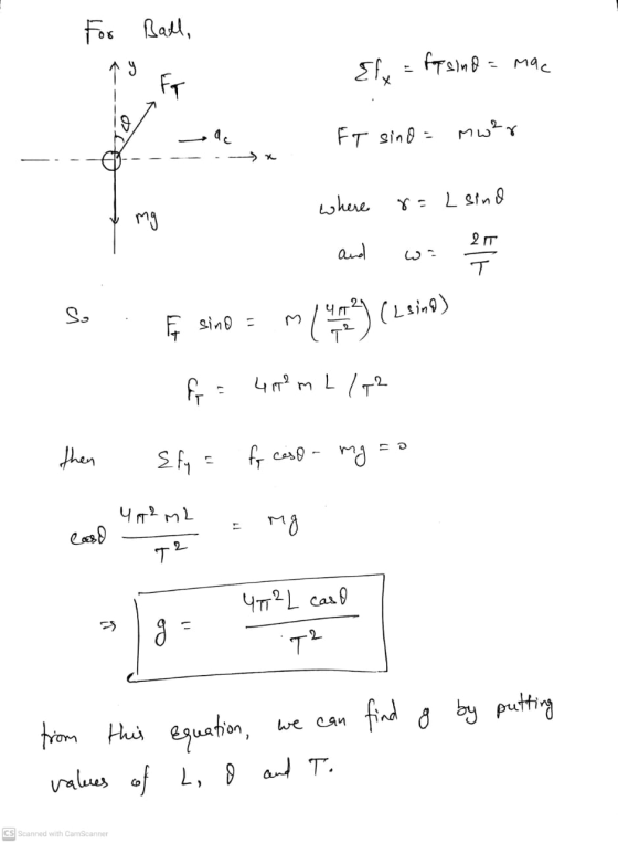 For Ball, py for sind = mac {fx For X ac FT sino mw2r where 8= L sind mg 2 r and w T 4 T So (Lsing) q sino = m1493) cat 400ml
