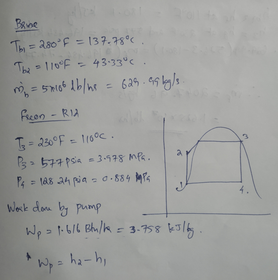 Brine Thi = 280 f = 137.78°C. Tb2 = 11000 = 43.33°C. m = 57106 dblus = 625.99 kg/s. freen - R12 To =230°F = 1100c. P32577 psi