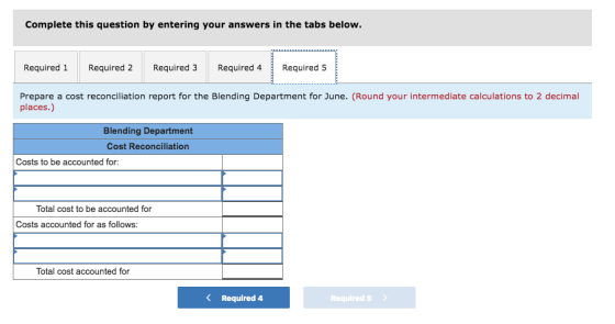 Complete this question by entering your answers in the tabs below. Required 1Required 2 Required 3 Required 4Required 5 Prepare a cost reconciliation report for the Blending Department for June. (Round your intermediate calculations to 2 decimal places.) Blending Department Cost Reconciliation Costs to be accounted for: Total cost to be accounted for Costs accounted for as follows: Total cost accounted for K Required 4 Required 5
