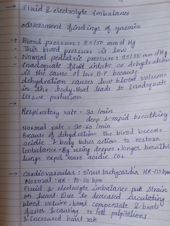 Fluid & electrolyte imbalance eassessment findings of yasmi pressure : 95158 mm of Hg ake of dehydration auses low blood volu