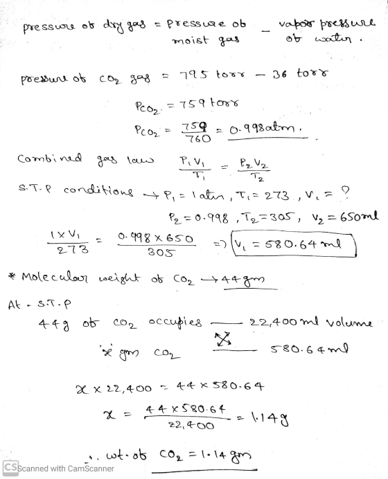 pressure of dry gas a pressure of i moist gas vapor pressure of water. pressure of car gag = 795 torr - 36 torr 1 Pco, = 759