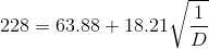 228=63.88+18.21\sqrt{\frac{1}{D}}