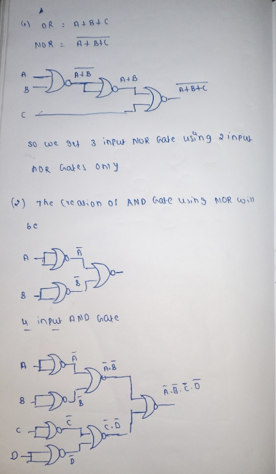 OR : A+Btc NOR : A4 B1C A+B 6:=Dance A+B+C C so we get 3 input nor hate using a inpur nor Gates only (2) The creation of AND