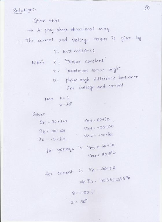 Solution: Given that > A poly phase directional telay . The current and voltage tque is gven b er) ., maximum -torque 0phase